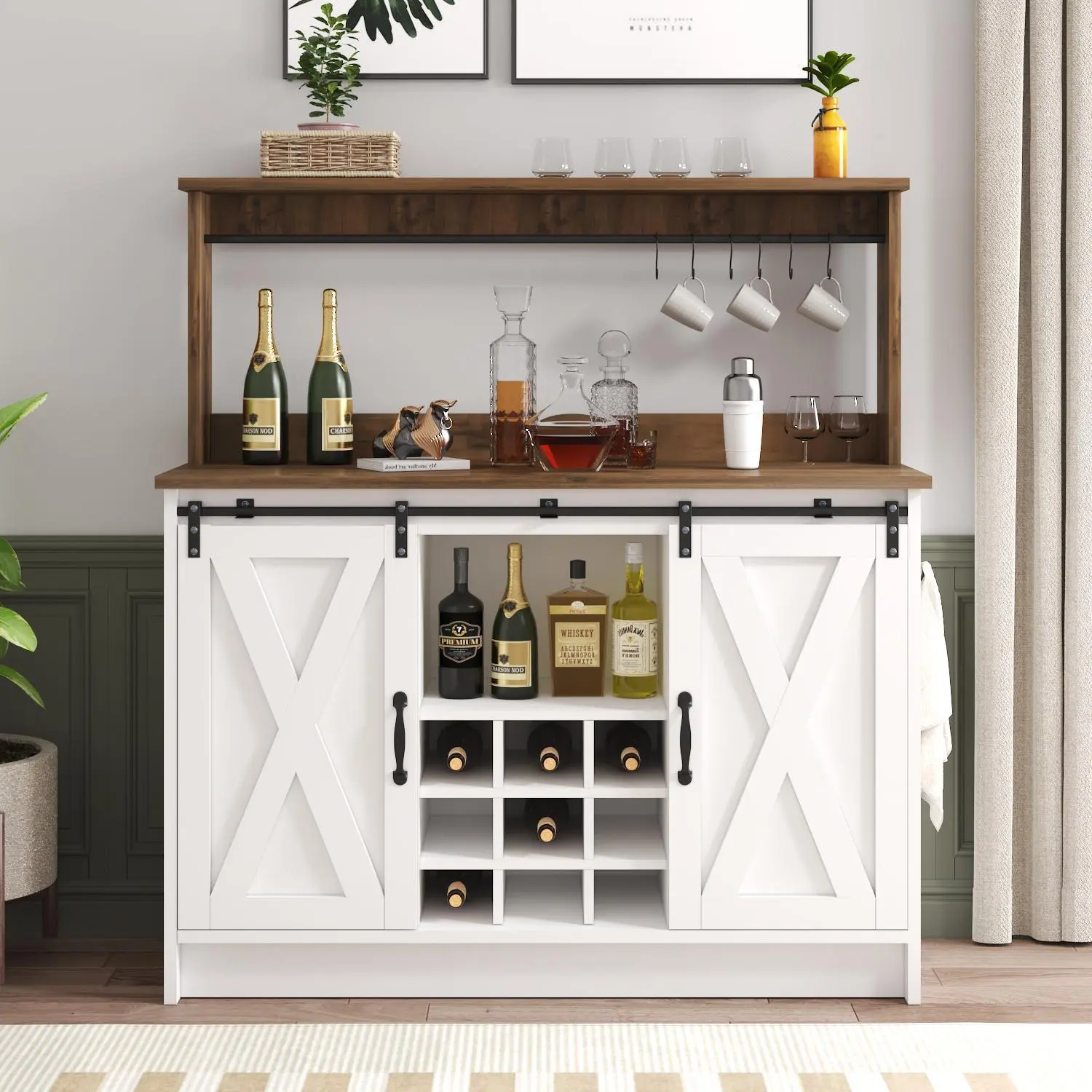 [Summerwins] HOMBCK Farmhouse Coffee Bar Cabinet, 47'' Kitchen Bar Cabinet with Sliding Barn Door, Wooden Buffet /Wine Bar Cabinet Organizerwith Open Storage Shelf #summer garden,fathers day gift ideas