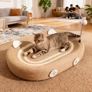 LHU 1 PC Large Size Dual-Purpose Cat Scratch Bed & Sisal Scratching Board, Durable Brown Sisal Scratching Post with Integrated Teaser, Worn Edges for Indoor Cat Claw Care & Relaxation