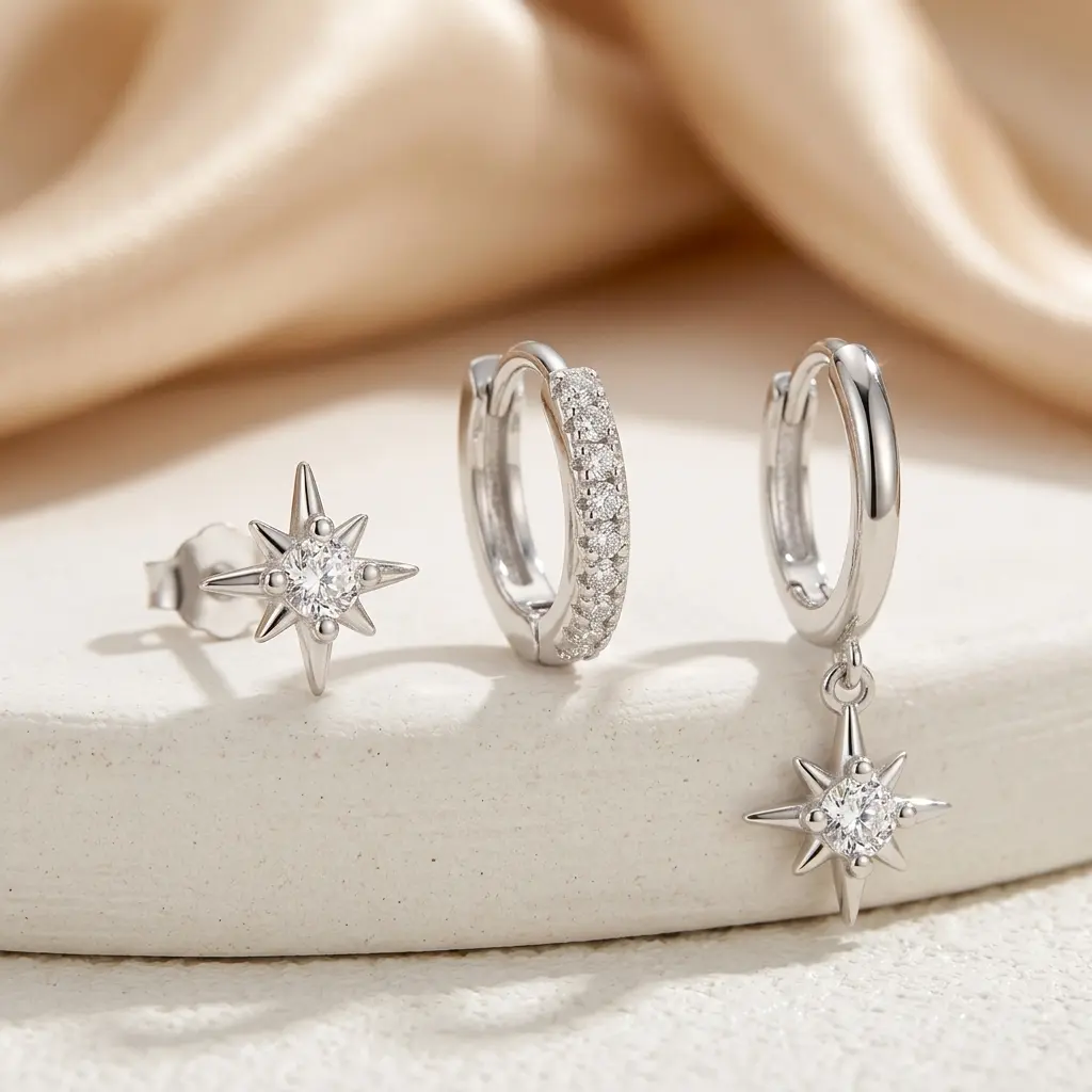 Silver Plated Celestial Earring Set, 3-Piece Minimalist Starburst Hoop & Stud Earrings with CZ for Women, Lightweight for Casual Wear, Copper Base