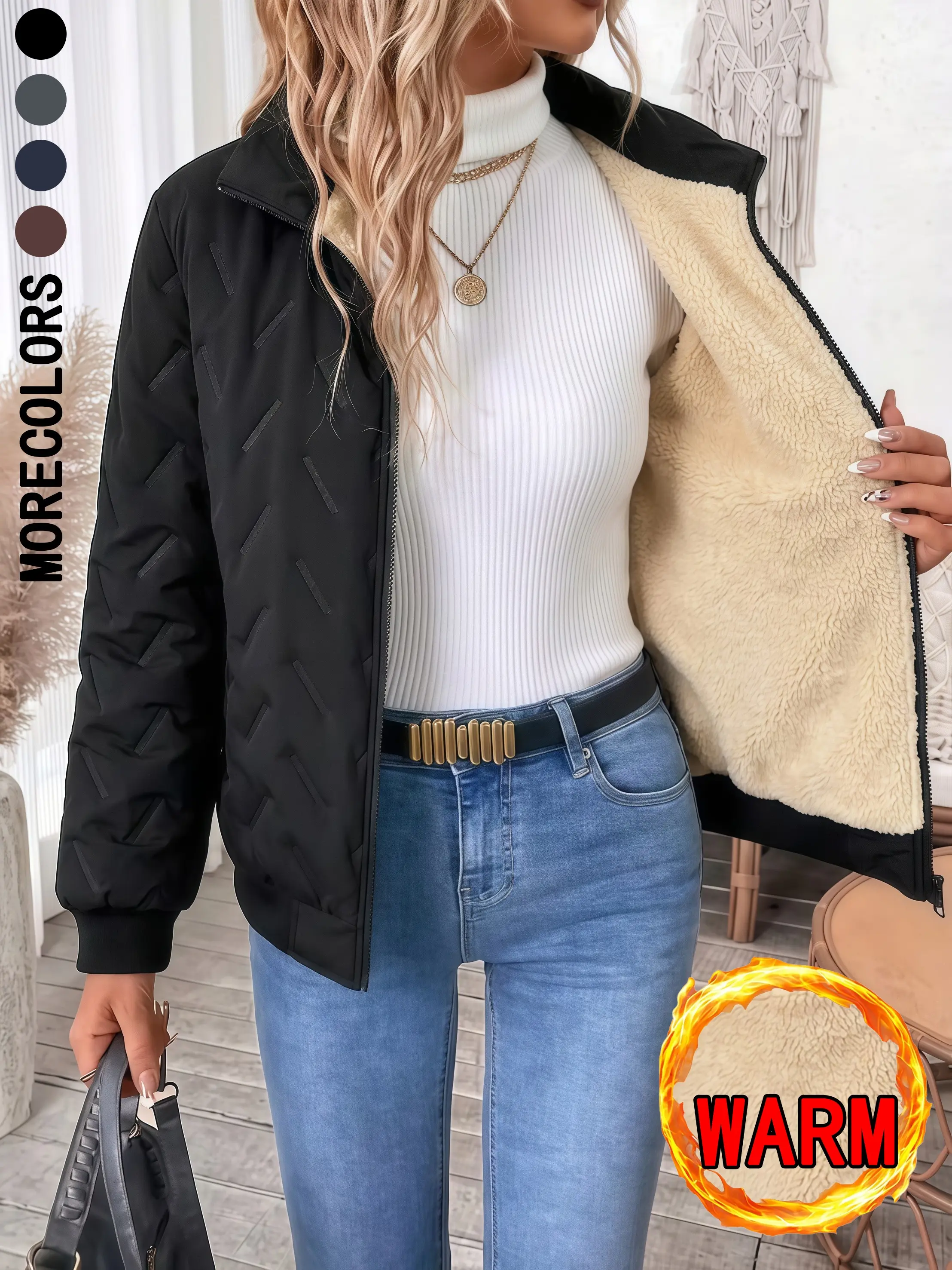 Women's Mock Neck Fleece-Zip Warm Casual Outerwears - Feminine Keep Warm Jackets & Coats with Pockets, Versatile Commuter Fleece Jackets for Autumn Winter