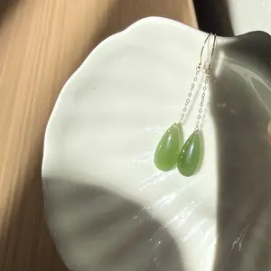 18K Gold Water Drop Natural Jade Dangle Earrings