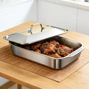 1 piece Thickened Stainless Steel Fish Baking Pan, Rectangular Non-Stick Oven Tray with Lid & Double Handles, Heat Resistant Kitchen Bakeware for Festival Seafood, Desserts, Bread, Home Restaurant Use