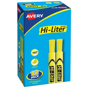 Avery Hi-Liter Desk-Style Highlighters, SmearSafe, Chisel Tip, 12 Yellow Highlighters (98035)