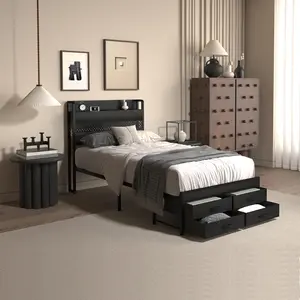 Twin Bed Frames with Headboard, Twin Size Bed Frames with Storage Drawers & Charging Headboard , 4 Drawers,Smart LED Bed Frame, Single Bed Frame, No Box Spring Needed,Noise-Free,Dorm essentials,bedroom accessories summervibes