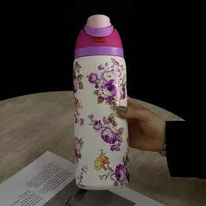 Floral Pattern Vacuum Flask, 1 Count 24oz/32oz/40oz Stainless Steel Insulated Water Bottle with Straw, Drinking Cup for Home Office School Outdoor, Drinkware Thermo Tumbler, Tumbler with Lid
