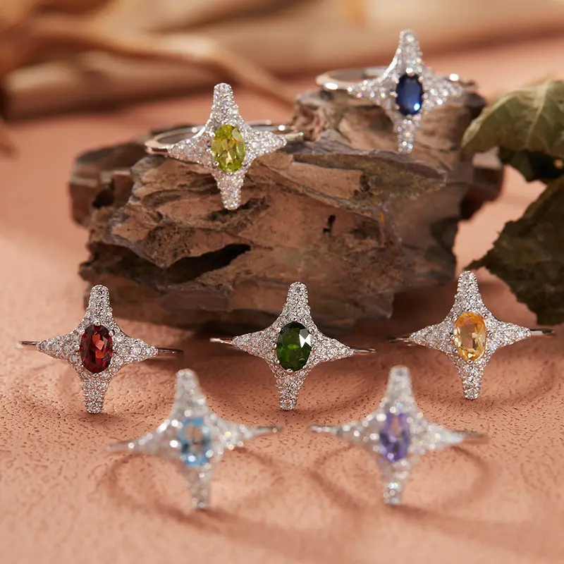 Loveden Oval Cut Birthstone North Star Ring For Women S925 Silver Open Adjustable Four-Pointed Star Engagement Promise Ring Beauty Girls Birthday Gift