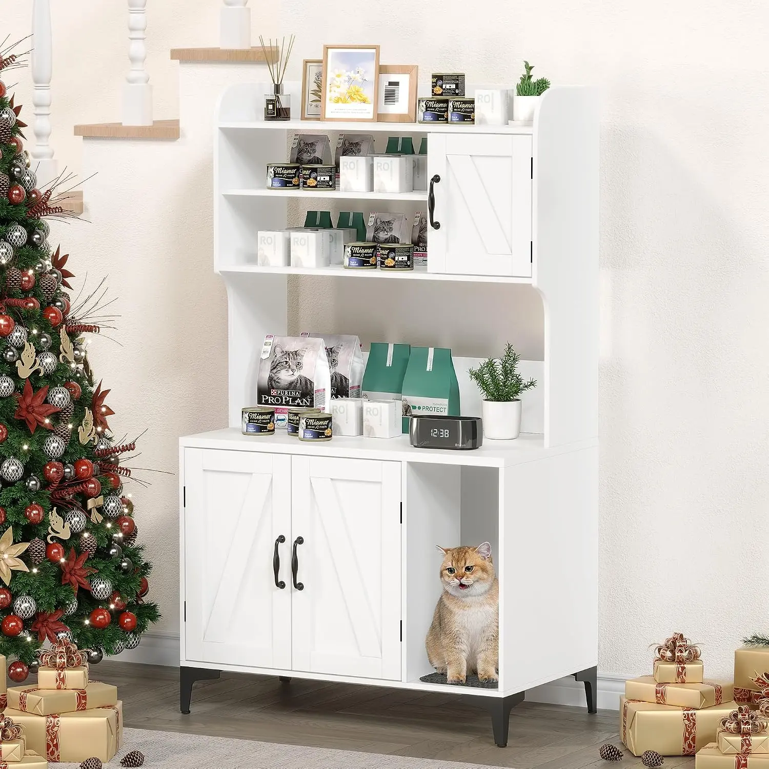 Sturdy Wooden Cat Litter Box Enclosure with Shelf Storage, 1 Locker, Left/Right Doors - Privacy Indoor Furniture for Most Units Up to 12 lbs - Hidden Litter Box Cabinet