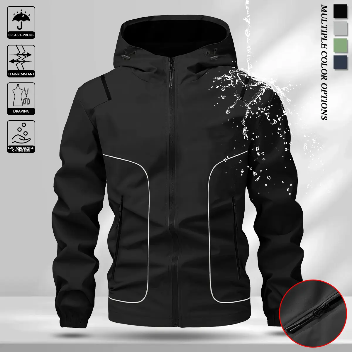 Men's Waterproof Hooded Softshell Jackets - Windproof Ripstop Zip-Up Elastic Outerwear with 2 Side Zipper Pockets, Premium Outdoor Apparel for Daily Casual, Travel (Spring Summer Style)