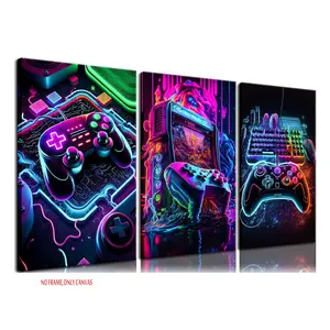 3-Piece Set, Game Room Decor Posters—Neon-themed game accessories canvas wall art Modern Art Design and video game console artwork, perfect for wall decor in children’s and teenage boys’ bedrooms, frameless
