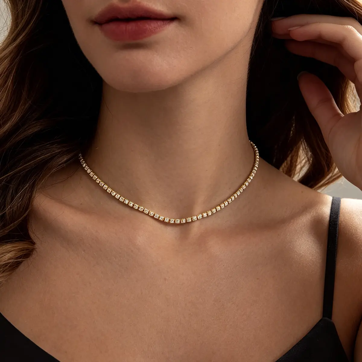 Tennis Necklace for Women 14K Gold Plated Rhinestone Choker Necklaces Dainty Zirconia Cut Faux Diamond chain
