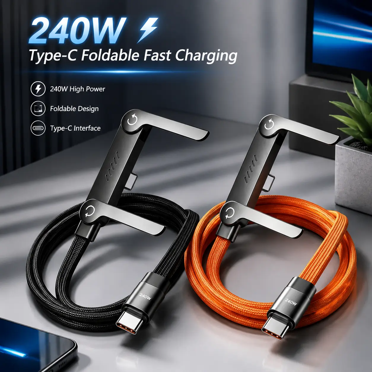 240W USB C Fast Charging Cable with Foldable Phone Stand, 360° Elbow Nylon Braided Type C Cord for Gaming, Compatible with Iphone 17/16/15 Pro, Samsung S26/S25/S24, Macbook, Ipad Pro