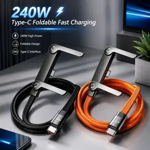 240W USB C Fast Charging Cable with Foldable Phone Stand, 360° Elbow Nylon Braided Type C Cord for Gaming, Compatible with Iphone 17/16/15 Pro, Samsung S26/S25/S24, Macbook, Ipad Pro