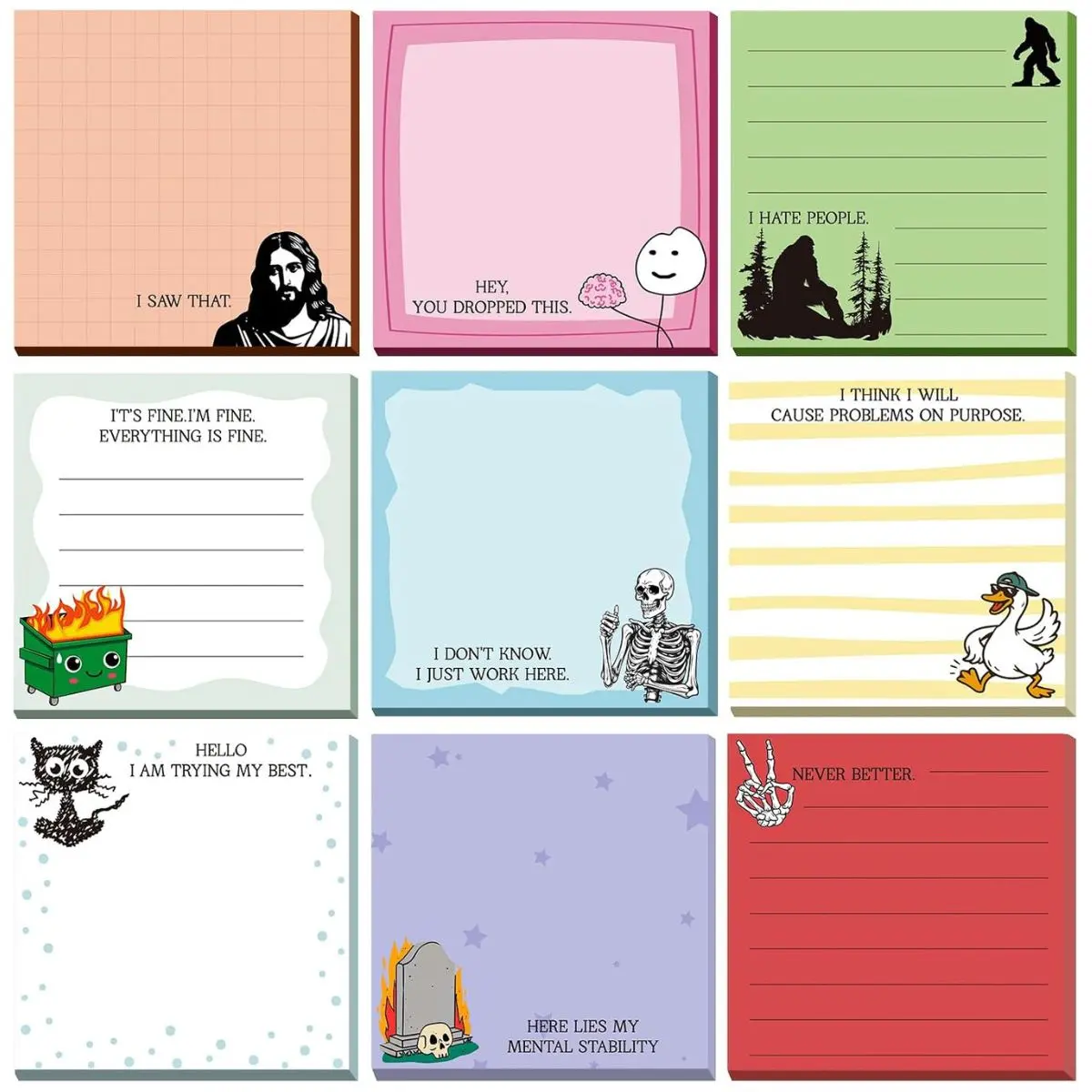 9 Pack Funny Cartoon Sticky Notes – 3x3 Inch Self Adhesive Memo Pads for School & Office