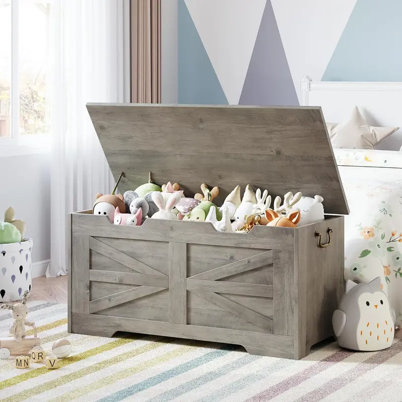 GARVEE Grey Rustic Solid Wood Storage Chest, 39.4" Farmhouse Bench with Safety Hinge, 350lb Capacity for Entryway, Bedroom