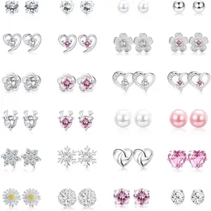 Sanfenly 24Pcs 20G Silver Hypoallergenic Pillow Stud Earrings for Women Girls, Tragus Cartilage Piercing Jewelry Gift Set with Box