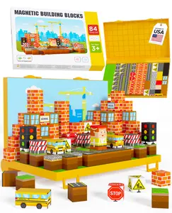 Gift-Ready Magnetic Building Blocks for Kids, Magnet Cubes — Construction Site Toy Building Sets with Magnetic Storage Board — 84-Piece Pixy Stacking STEM Building Toys for Boys & Girls Ages 3 to 12