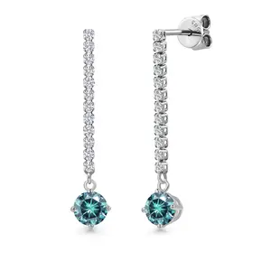 14K White Gold Blue Moissanite and White Lab Grown Diamond Long Liner Dangle Earrings for Women | 1.36 Cttw | Gemstone Birthstone | Round 5MM | White Gold Chain Drop Earrings