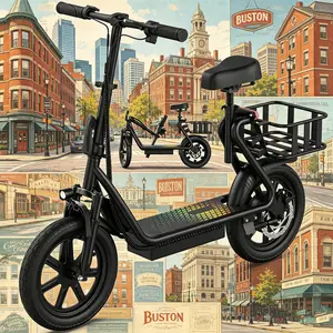 Folding Compact Adult Electric Scooter with Adult Seating, Padded Seat, 48V Large Battery, 22MPH Top Speed, 21-27 Mi Long-Range Ride, Rear Storage Basket for Pet-Friendly Use