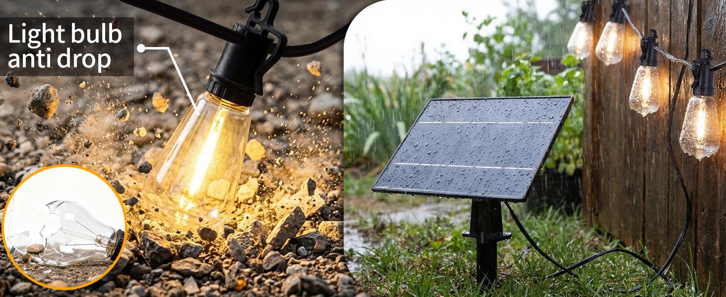 60FT Solar Patio String Lights, Flickering Edison Bulbs, Waterproof Outdoor Lights for Camping, Garden, Wedding Decor