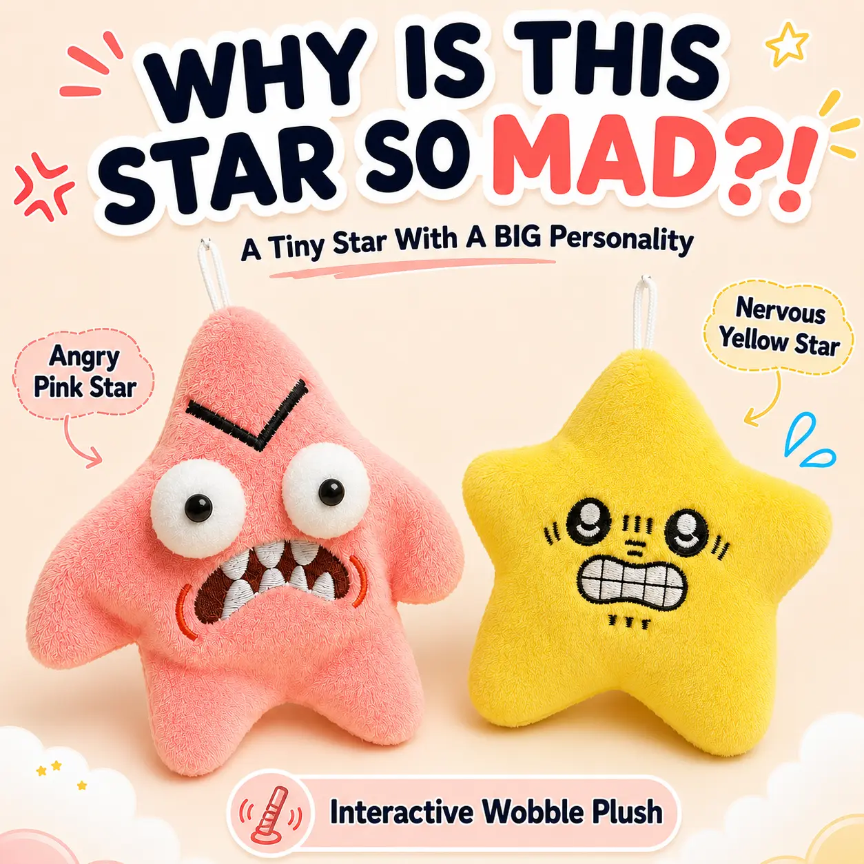 Funny Star Rechargeable Wobble Plush Toy - Cute Desk Decor, Stress Relief Gift for Teens and Adults