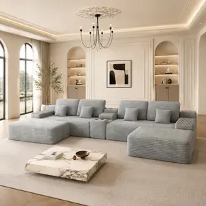 【4 Packages Shipping】150''U Shaped Large Modular Sectional Couch for Living Room,Comfy Boneless Cloud Sofa with Movable Ottoman,Storage Box,Cup Holders Chenille 6 Seat Sectional Sofa Set