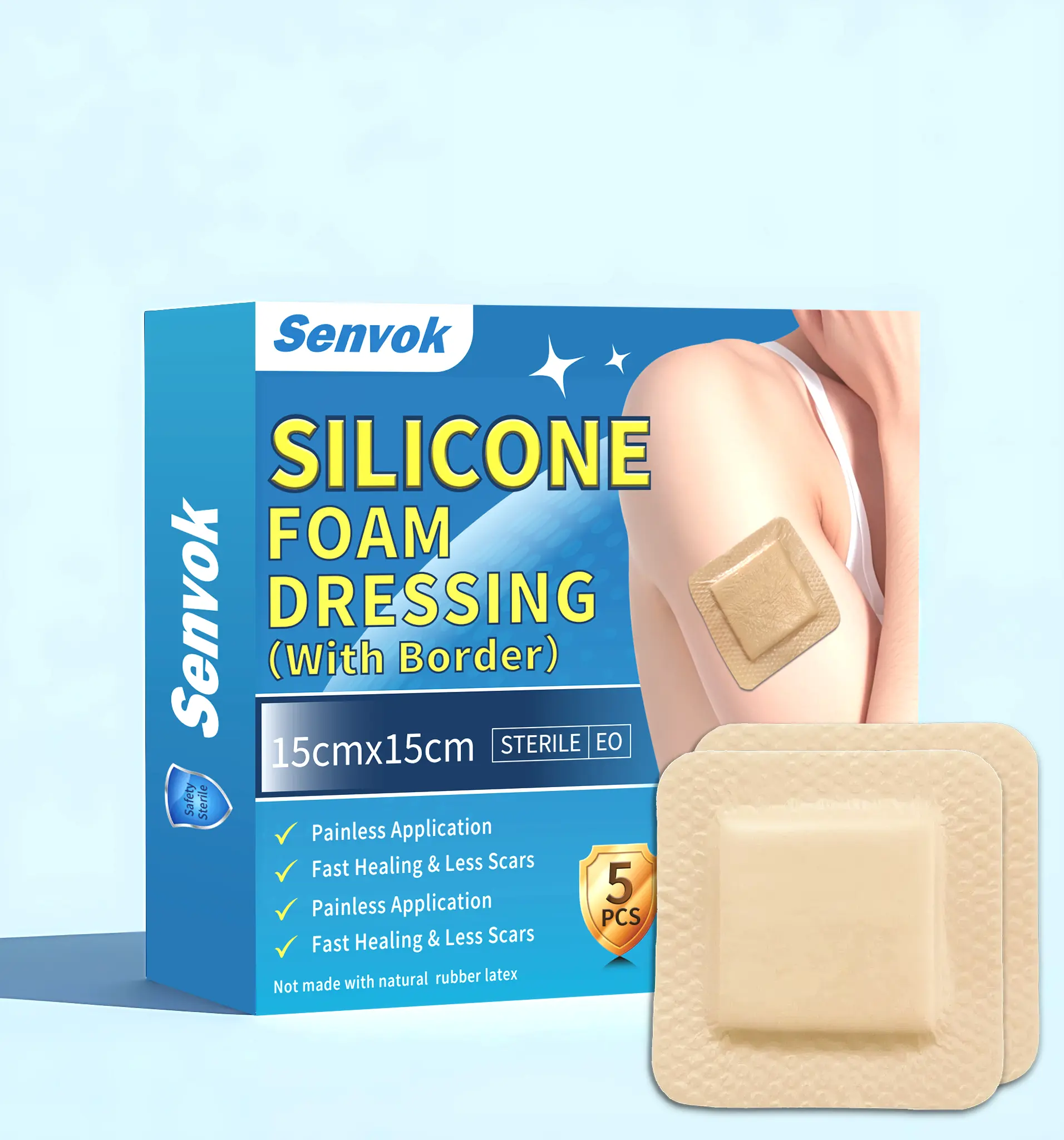 Senvok Sterile Silicone Adhesive Foam Dressing with Gentle Border, 15cm x 15cm, 5-Pack High-Absorbency Bandages for Wounds and Bed Sores