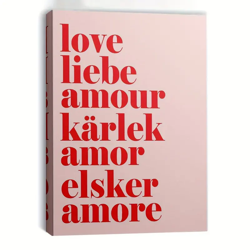 1 Piece Framed Canvas Love Poster - Modern Minimalist Style Red Multilingual Love Words, Soft Pink Background - Wedding, Anniversary, Valentine's Day Gift - Romantic Home Office Decoration, Suitable for Living Room Bedroom Couple Wall Art Hanging Picture