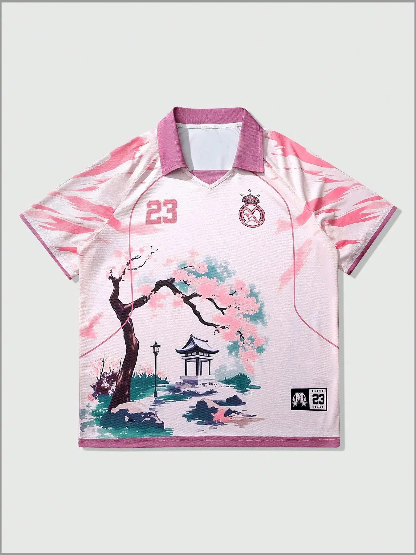 Vintage Blokecore Cherry Blossom Casual Sports Soccer Jersey | Aesthetic Oriental Graphic Football Jersey Shirts | Pink Dreamy V-Neck Oversized Streetwear Top for Summer | Sporty Jersey Soccer Uniform