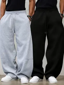 2-pack men’s cotton-feel, drapey wide-leg sweatpants. Skin-friendly, soft fabric. Elastic drawstring waistband and three-dimensional segmented design. Loose straight-leg casual athletic pants for everyday wear and commuting—versatile long pants.