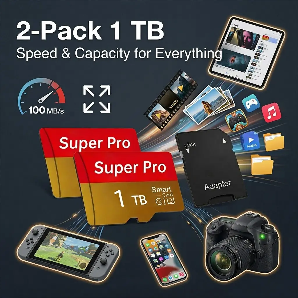 Memory Card Set, 2-Pack 1TB High-Capacity Memory Cards with Adapter, Compatible with Cameras, Tablets, GPS Devices, Ideal for Holiday Gifts