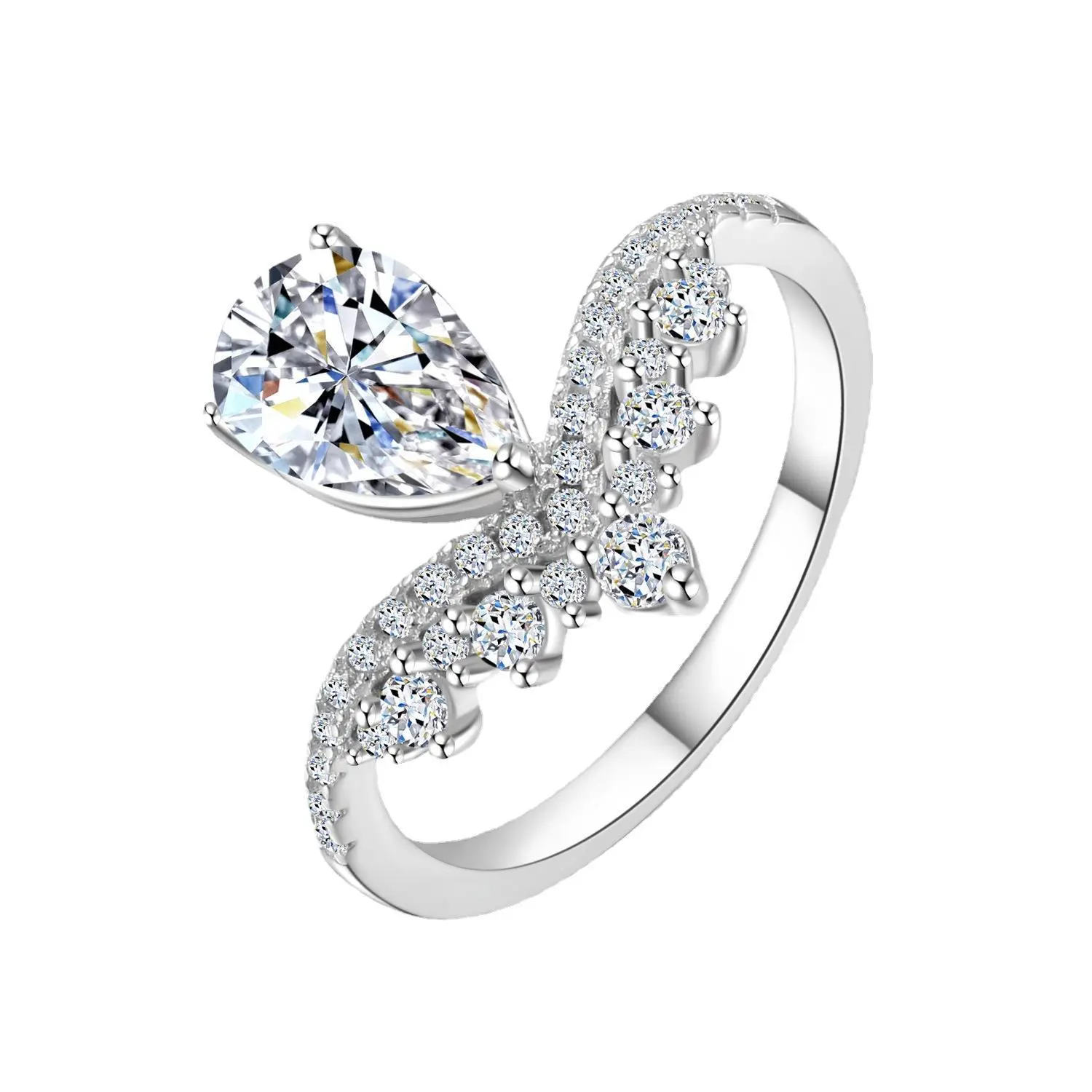 2 CT Pear Cut Moissanite Solitaire Engagement Ring with Pave Set Open Band, Non-Natural Crystal Jewelry Accessory