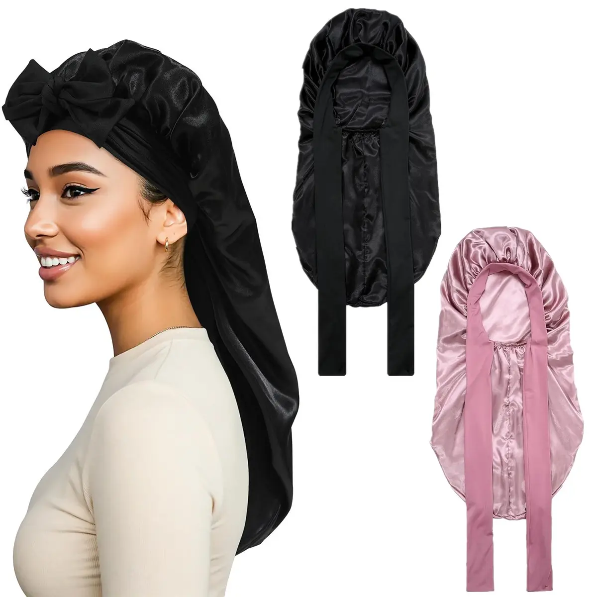 Adjustable Tie Band Sleep Cap for Braids and Long Hair, Silk-Like Single-Layer Hair Wrap for Summer, Protective Haircare, Hair Styling Cap