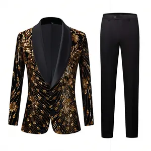 Mens Suit 2 Piece Blazer Colorful Shiny Sequins Jacket Lapel Slim Fit Tuxedo Dress Pants Set For Dinner Prom Party