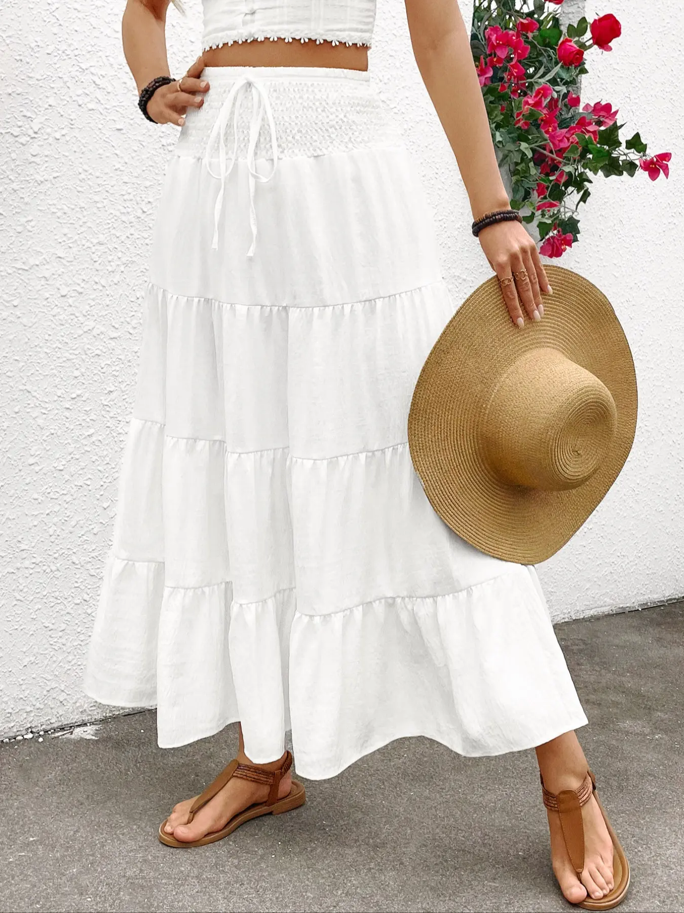 Boho Style Drawstring High Waist Ruffle A-Line Long Dress, Fitted Elasticity Design, Women's Fashion, Womenswear, Chic, Perfect for Casual Wear, Bohemian Maxi Skirt, Pleated
