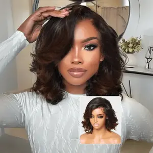 Sunber Chestnut Brown Ombre 13x4 Pre-Everything Loose Wave Wigs Glueless Short Wigs Bouncy Human Hair Shoulder length Lace Frontal Wigs Pre Plucked Pre Cut Lace Bleached Knots