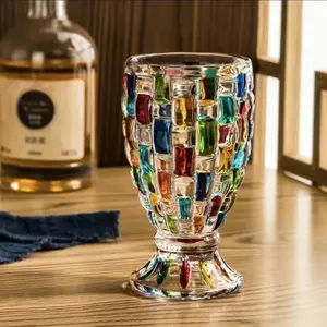 Colorful Glass Cup, 2/4 Counts Geometric Pattern Glass Cup, Juice Cup, Vintage Wine Cup, Serving Drinkware for Home Kitchen Party, Stylish Glass Cups, Decorative Glass, Drinking Glassware