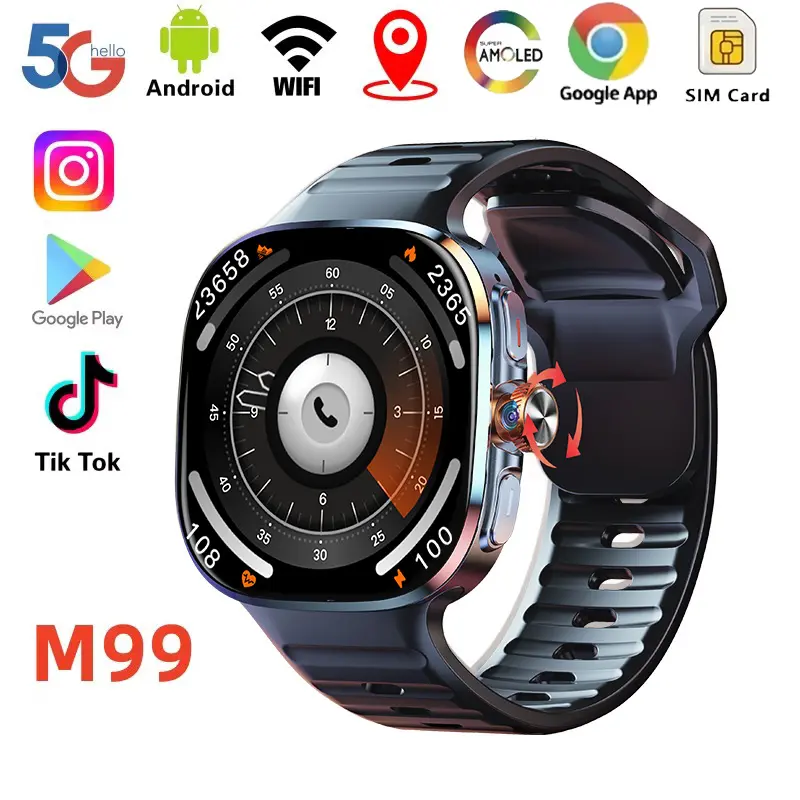 New M99 Wearable Smart Watch - Android 10.0 OS, 4G/5G Connectivity, GPS, WIFI, 190° Rotary Camera, App Download Support, 2.4in 720*720 Screen, 2400mAh Battery, Memory Storage, Clock, Calendar, Hiking-Friendly Smart Devices for Men, Search
