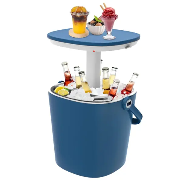 15-Can Chill Portable Outdoor Ice Cooler Bar - 3-in-1 Design Weather Resistant Outdoor Furniture, Blue Oversized Handle Multifunctional Side Table with Snack Tray, Hidden Bottle Opener, Food Clips, Lightweight for Camping, Picnic Dining Table Use