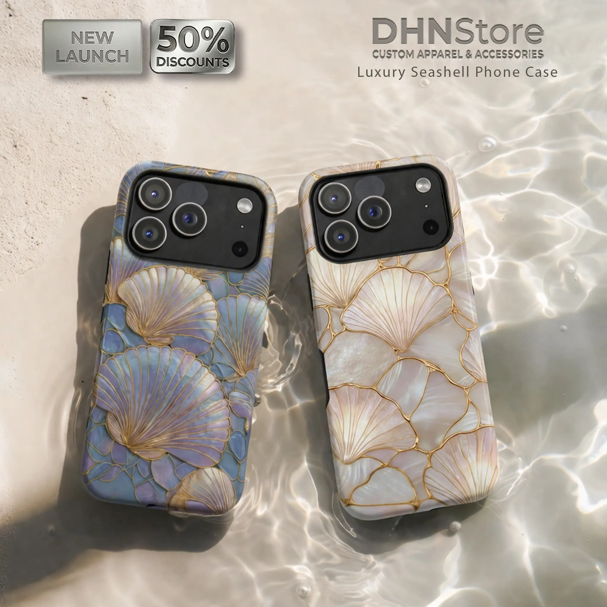 [Flash Deals] DHNStore Luxury TPU Dual-Layer Shockproof Slim Smartphone Case - Iridescent Pearl Seashell Glossy Polycarbonate Casing, Aesthetic Ocean Beach Protective Cover for Handheld Devices iPhone 17 16 15 14 Pro Max, Galaxy S25 S24 S23 Accessories