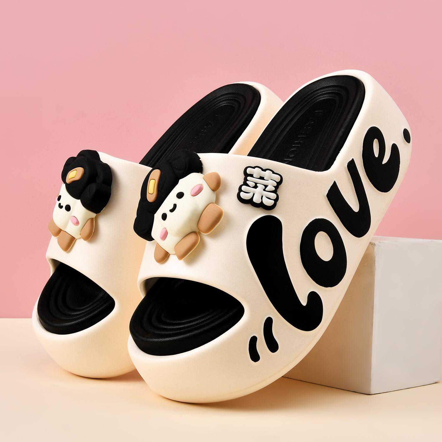 Cartoon Puppy Thick-Soled Slide Sandals, Off-White with Color Contrast, “LOVE” Letter Design, Cute 3D Decorations, Women’s Slides for Home and Outdoor Wear