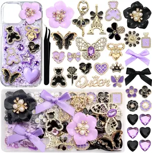 DIY Junk Phone Case Charm Kit for Jewelry Making & Beads Jewelry Making - 3D Bear, Gold Black Bow, Flower, Elegant Purple Butterfly, Heart Big Charm, Rose Flatback Pearls for Customizing Craft Projects