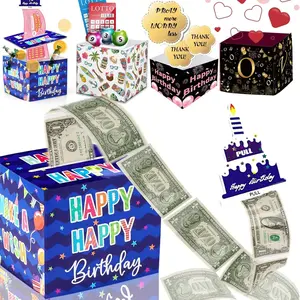Birthday Money Box for Cash Gift Pull, Surprise Money Roll Gift Box with Pull Out Card and 30 Transparent Bags DIY Set, Funny Ways to Give Money as Gift for Parents, Lovers, Friends