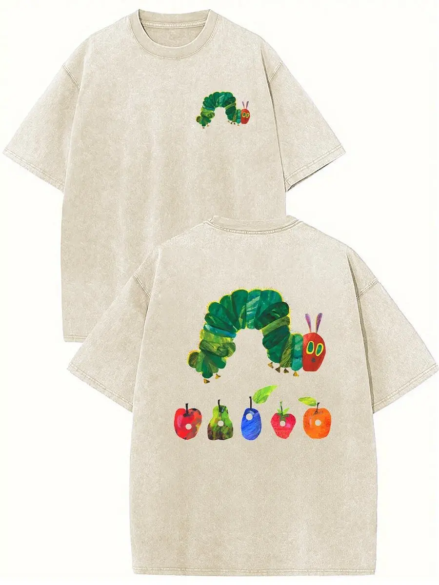 Holafish Heavyweight Cotton Crewneck Streetwear T-Shirt, Retro Acid Wash "The Very Hungry Caterpillar" Dual Side Graphic Printed Unisex Fashion Tees summervibes Casual Top