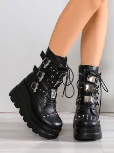 Gothic Platform Ankle Boots for Women, Sexy Punk Motorcycle Boots, Bat Buckle, Zipper, Round Toe, Thick Heel, All Seasons
