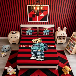 3‑Piece Streetwear Fashion Teddy Bear Fitted Sheet Set, Retro Red‑Black Striped Style, No Inserts Included, Suitable for Bedroom, Dorm, Kids Room & Home Decor, Ideal Gift for Streetwear and Teddy Bear Lovers
