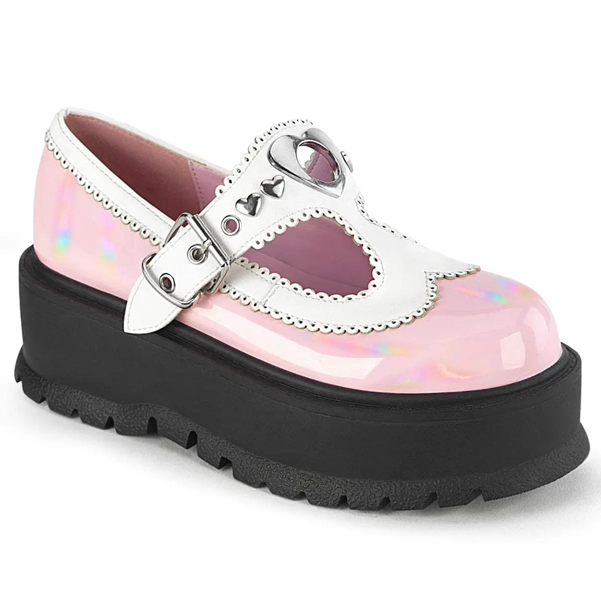 Demonia Slacker-23 Baby Pink Holo Patent-White Vegan Leather Platforms
