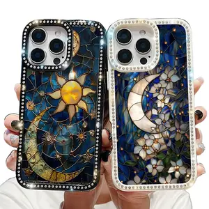 Sun Moon Celestial Faux Stained Glass Collection Printed Phone Case for iPhone 17 16 iPhone 15 Pro/14/13/11/16 Pro,[IP 17 & IP 16 NEW] shockproof full-coverage double-sided diamond Wireless Charging  Mosaic Aesthetic Fashion Trendy High Quality Design