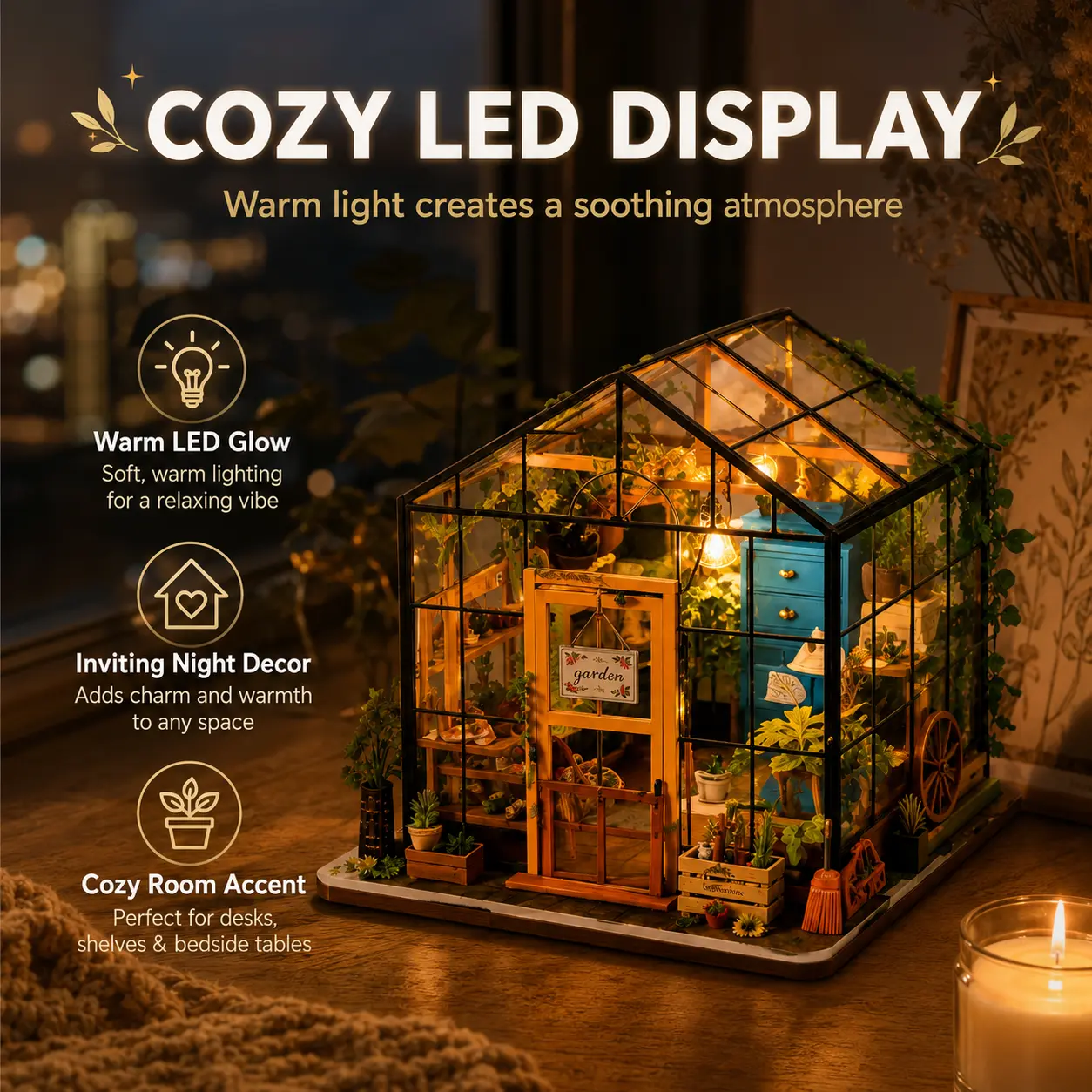 【Rolife】DIY Miniature Greenhouse Kit - Cathy's Flower House 3D Wooden House Model Set with LED Light, Creative Desk Shelf Decor, Stress Relief Toy Gift for Plant Lovers, Rubber Band Ball, Glitter