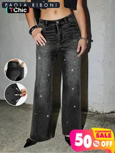 Women's High Stretch Rhinestone Straight Leg Jeans Pants, Casual Fitted Long Regular Fit, Button Fly, Pockets, Fall & Winter