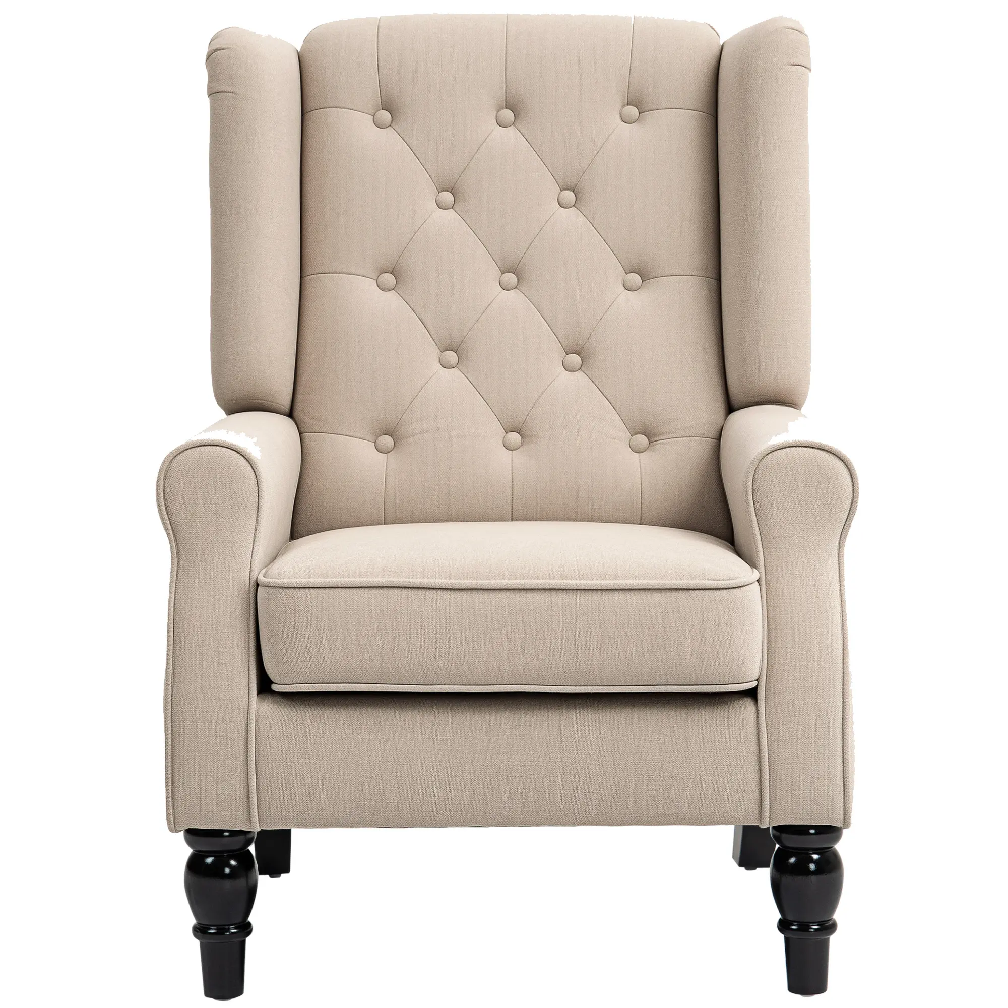 Beige Wingback Accent Chair - Classic Button-Tufted Upholstered Lounge Chair with Round Armrests, Carved Wood Legs - Ideal for Living Room, Bedroom Corners, Vintage Decor